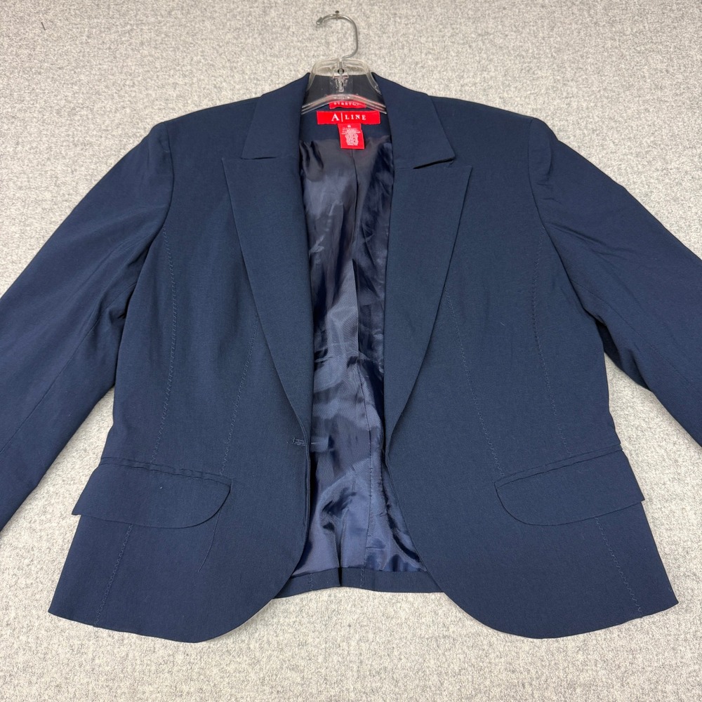 A Line Blazer Size 6 Navy Blue Stretch Single Button Career Professional Jacket